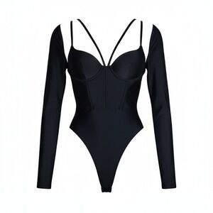 Poster Grl Black Corset Bodysuit Long Sleeve Strappy Underwire Harness APG22110